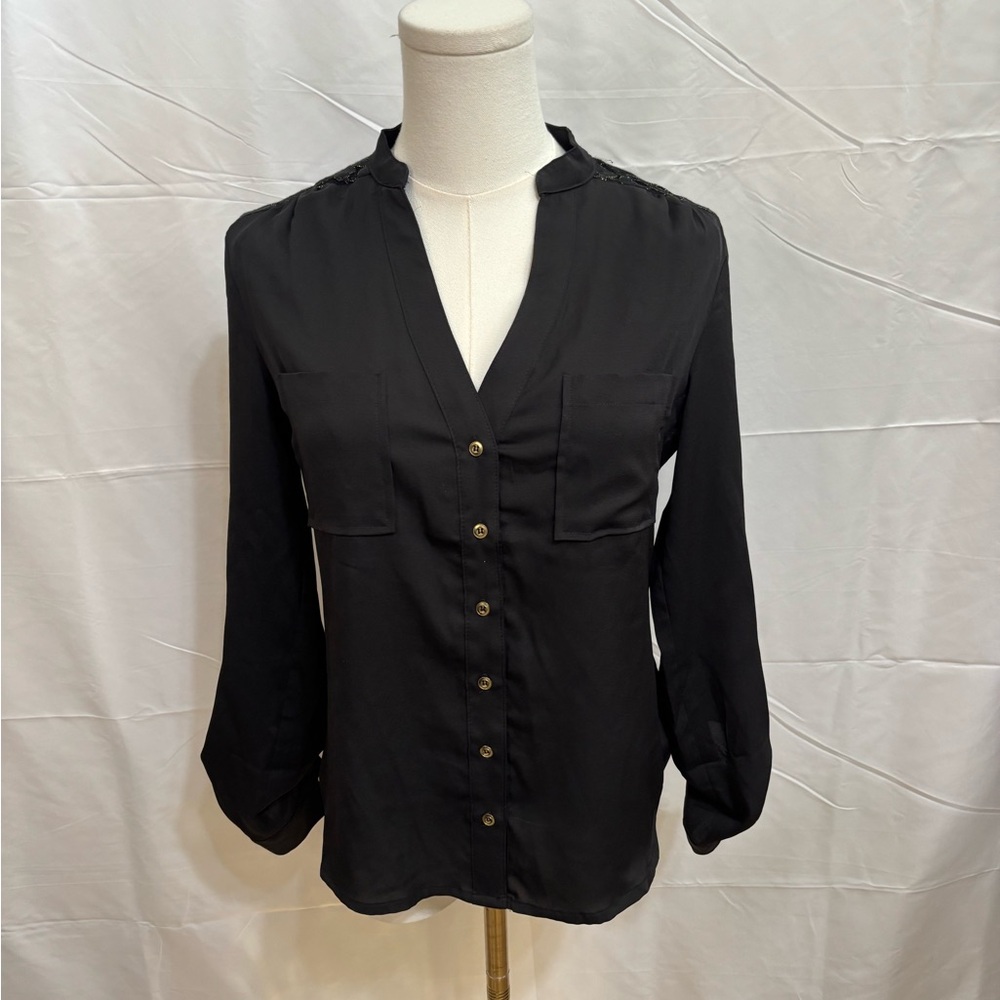2b Bebe Black Lace Back‎ Blouse Y2K Sheer Panel Button Front Top XS
